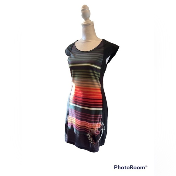 desigual Rainbow Black and Rainbow Wearable Art Shift dress size Small - Picture 1 of 7